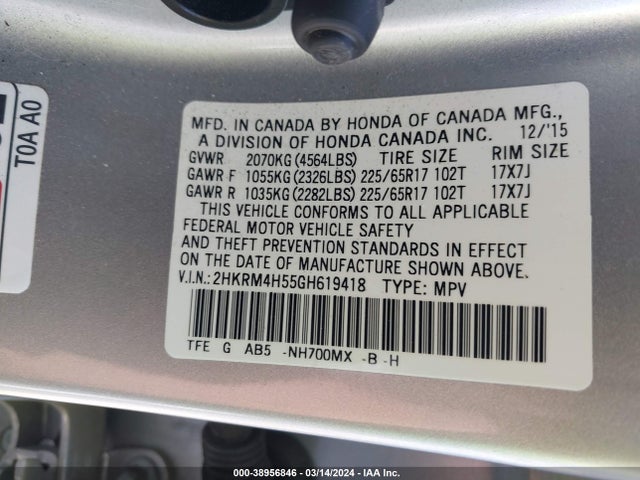 Honda CR-V EX 2016 2HKRM4H55GH619418 Image 9