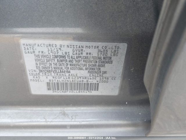 3N1CN8FV2LL844194 Nissan Versa Sr Xtronic Cvt