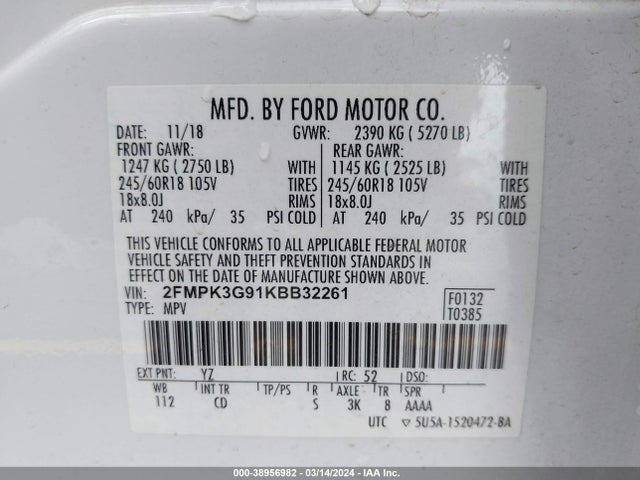 Ford EDGE SE 2019 2FMPK3G91KBB32261 Image 9