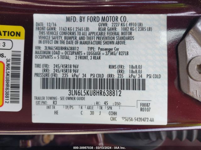 3LN6L5KU8HR638812 Lincoln Mkz Hybrid Premiere