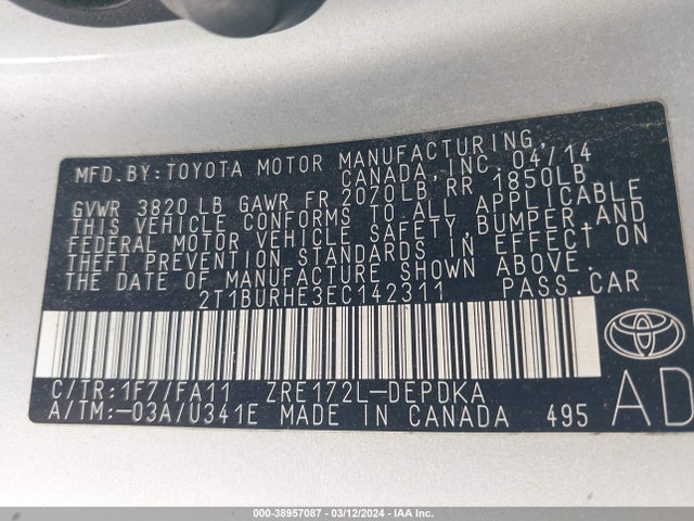 Toyota COROLLA L 2014 2T1BURHE3EC142311 Image 9
