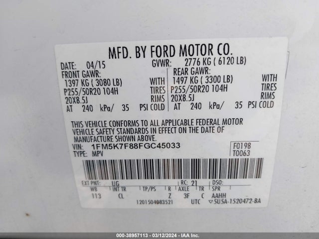 Ford Explorer Limited 2015 1FM5K7F88FGC45033 Image 9