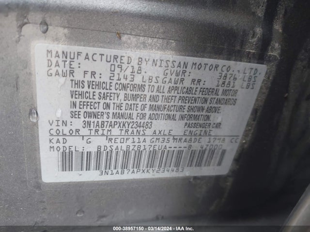 Nissan SENTRA S 2019 3N1AB7APXKY234483 Image 9