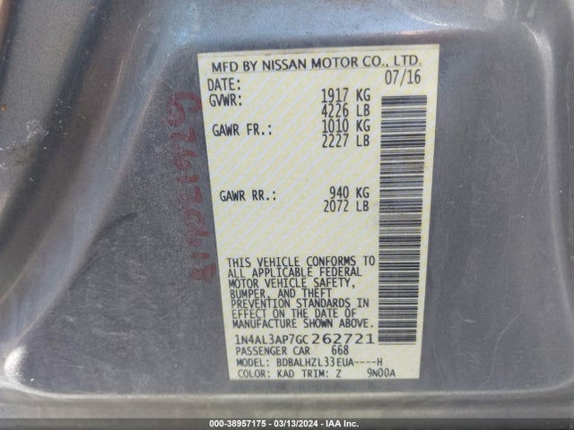 Nissan Altima 2.5 Sr 2016 1N4AL3AP7GC262721 Image 9