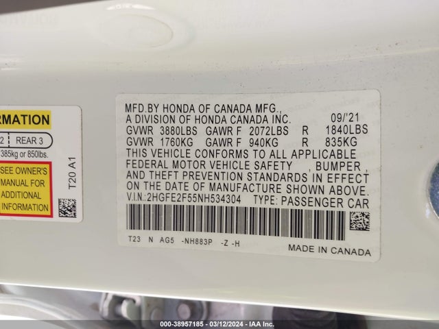 Honda Civic Sport 2022 2HGFE2F55NH534304 Image 9