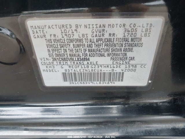 Nissan Versa S Xtronic Cvt 2020 3N1CN8DV9LL834894 Image 9