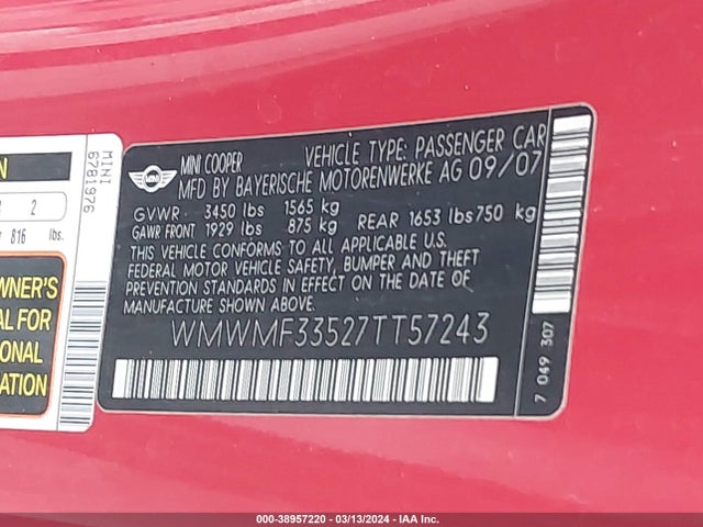 2007 MINI COOPER WMWMF33527TT57243 Photo 8