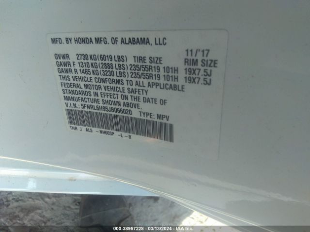 5FNRL6H95JB066020 Honda Odyssey Elite