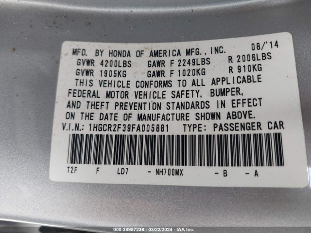 Honda ACCORD LX 2015 1HGCR2F39FA005881 Image 9