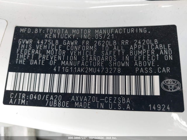 Toyota CAMRY SE 2021 4T1G11AK2MU473278 Image 9