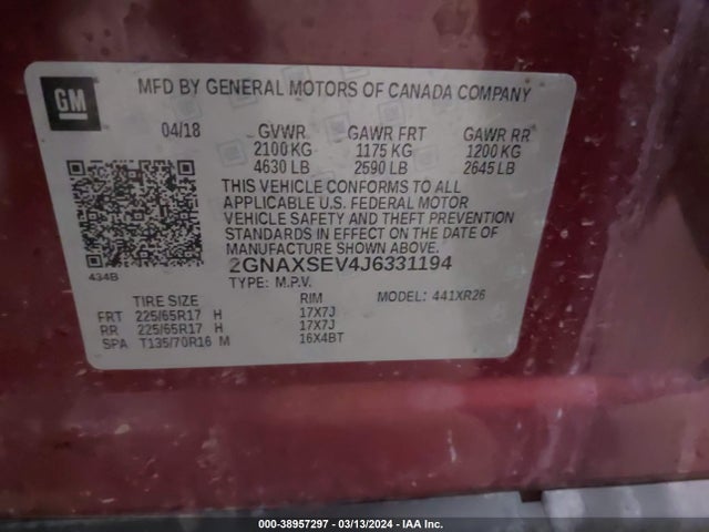 Chevrolet EQUINOX LT 2018 2GNAXSEV4J6331194 Image 9