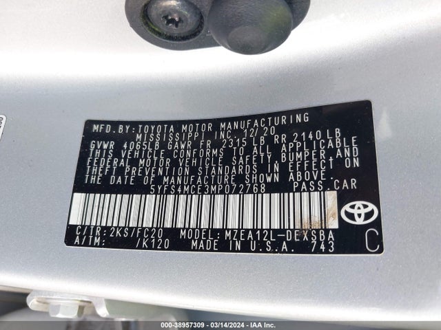 Toyota COROLLA SE 2021 5YFS4MCE3MP072768 Image 9