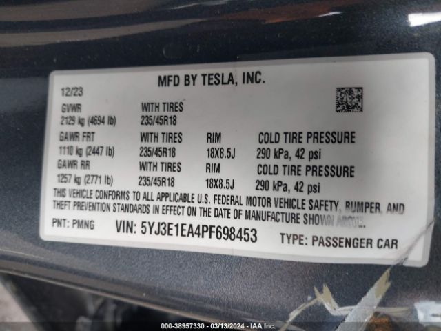 5YJ3E1EA4PF698453 Tesla Model 3 Rear-wheel Drive