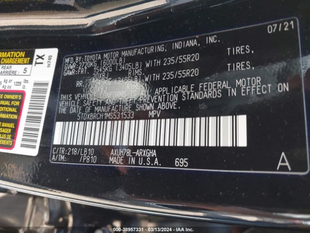 5TDXBRCH1MS531533 Toyota Highlander Hybrid Limited