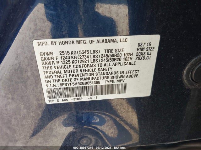 Honda Pilot Touring 2016 5FNYF5H92GB051366 Image 9