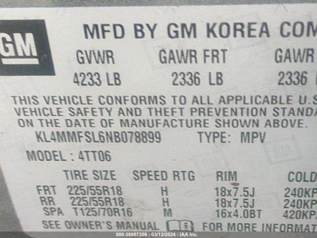 KL4MMFSL6NB078899 Buick Encore Gx Fwd Essence