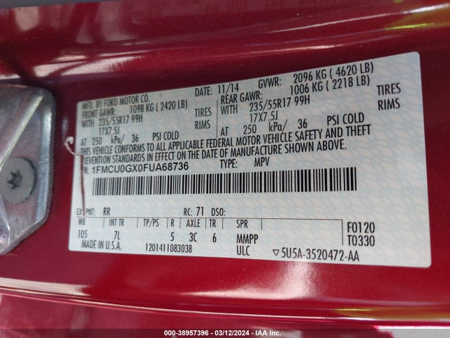 Ford ESCAPE SE 2015 1FMCU0GX0FUA68736 Image 9