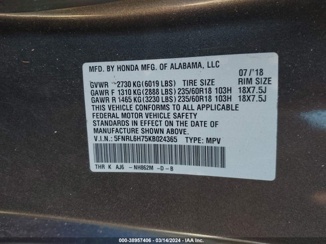 Honda Odyssey Ex-l 2019 5FNRL6H75KB024365 Image 9