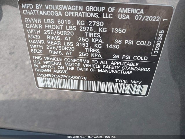 1V2HR2CA7PC500978 Volkswagen Atlas 3.6l V6 Se W/technology