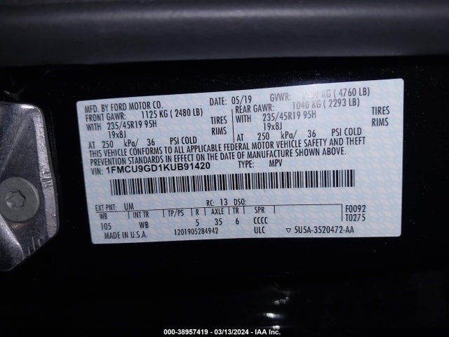 Ford ESCAPE SE 2019 1FMCU9GD1KUB91420 Image 9