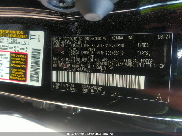 Toyota Highlander L 2021 5TDCZRAH7MS535681 Image 9