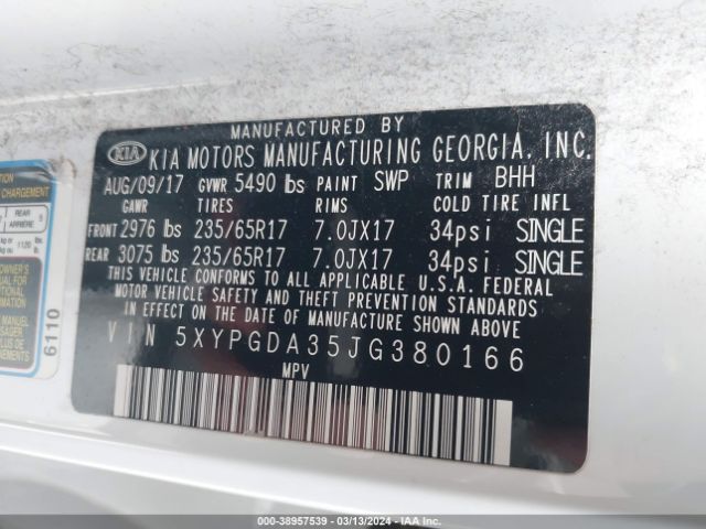 5XYPGDA35JG380166 KIA Sorento 2.4l Lx
