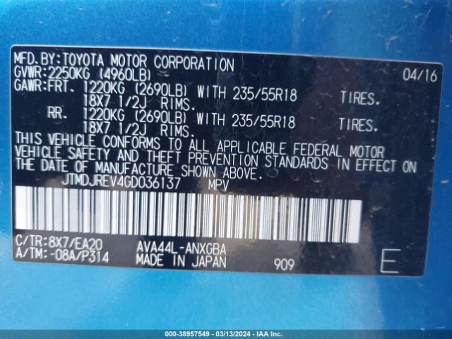JTMDJREV4GD036137 Toyota Rav4 Hybrid Limited