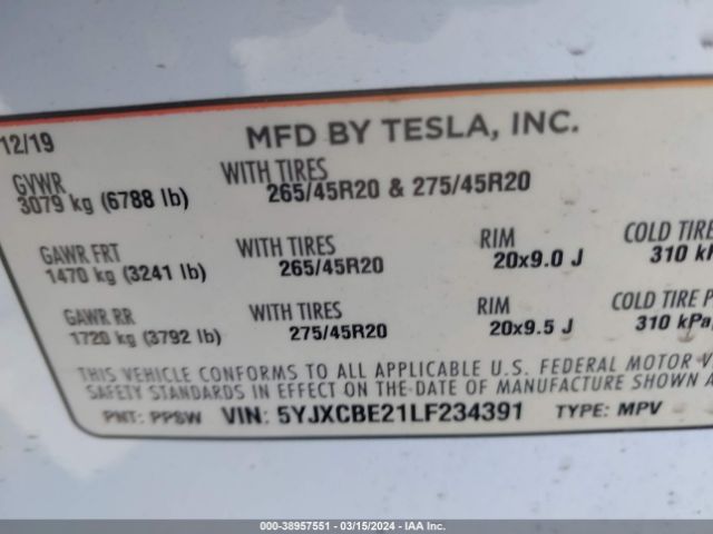 5YJXCBE21LF234391 Tesla Model X Long Range Dual Motor All-wheel Drive/long Range Plus Dual Motor All-wheel Drive