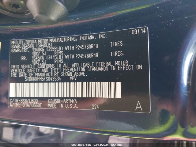 Toyota Highlander Xle V6 2015 5TDKKRFH5FS043534 Image 9