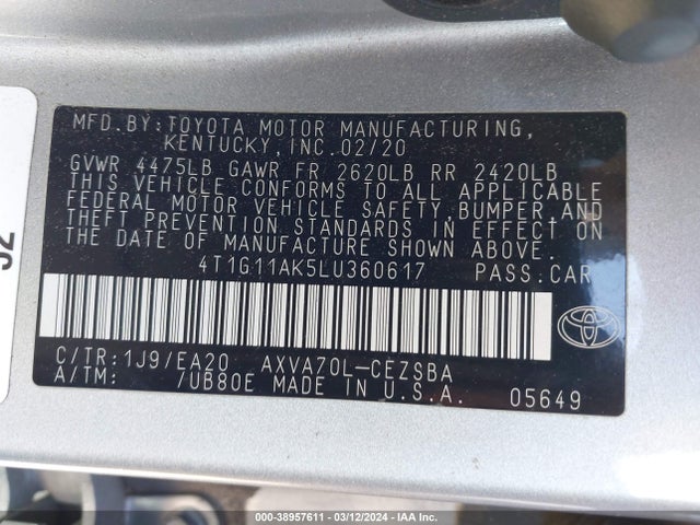 Toyota CAMRY SE 2020 4T1G11AK5LU360617 Image 9