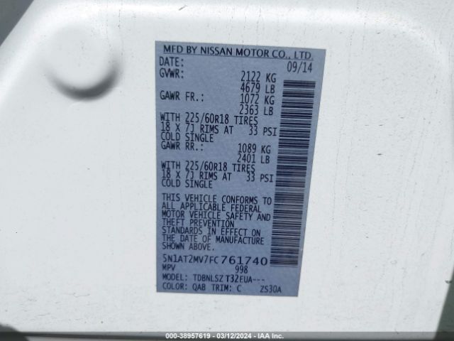 5N1AT2MV7FC761740 Nissan Rogue Sl