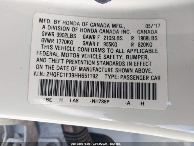 2HGFC1F39HH651192 Honda Civic Ex-t