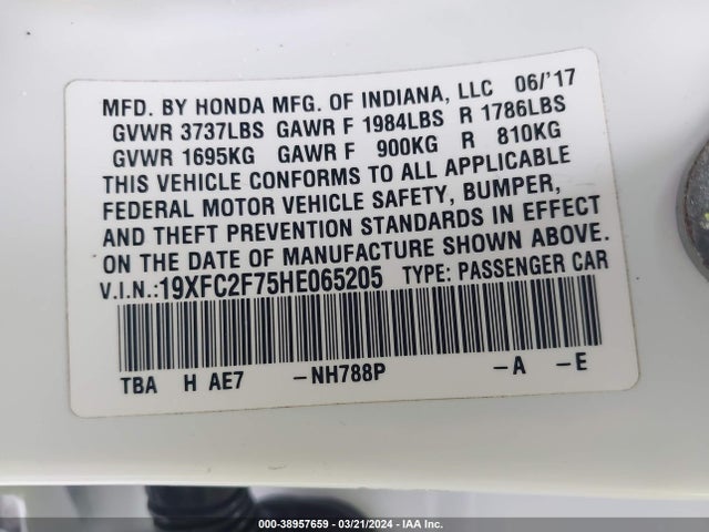 Honda CIVIC EX 2017 19XFC2F75HE065205 Image 9