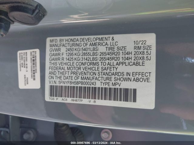 5FNYF8H58PB000243 Honda Passport Awd Ex-l