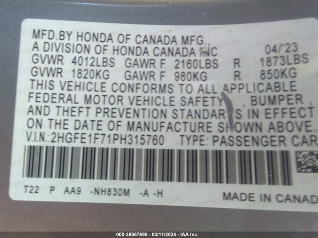 Honda Civic Ex /ex W/o Bsi 2023 2HGFE1F71PH315760 Image 9