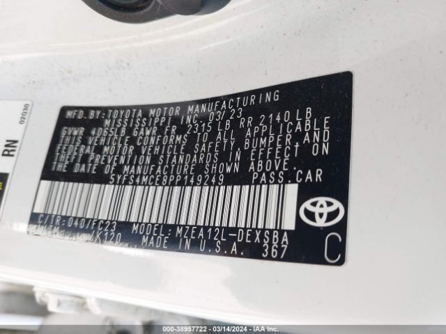 5YFS4MCE8PP149249 Toyota COROLLA SE