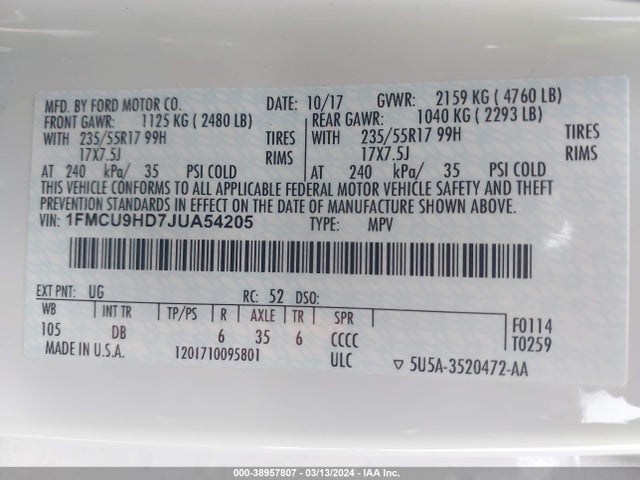 Ford ESCAPE SEL 2018 1FMCU9HD7JUA54205 Image 9