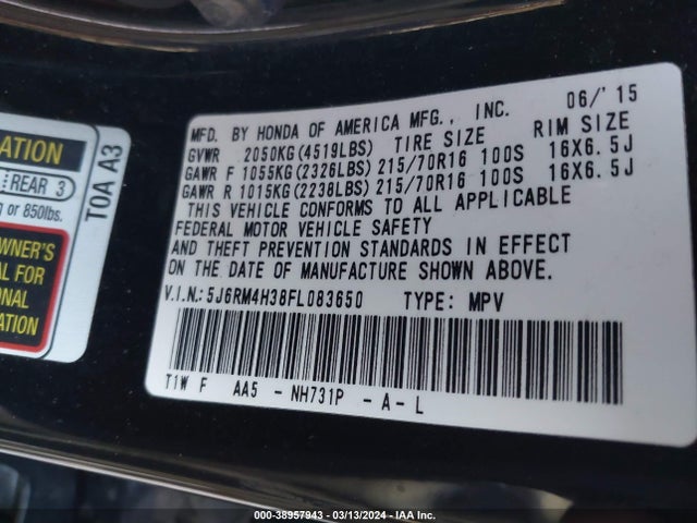 Honda CR-V LX 2015 5J6RM4H38FL083650 Image 9