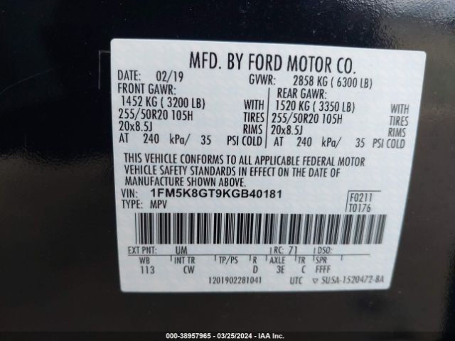 1FM5K8GT9KGB40181 Ford EXPLORER SPORT