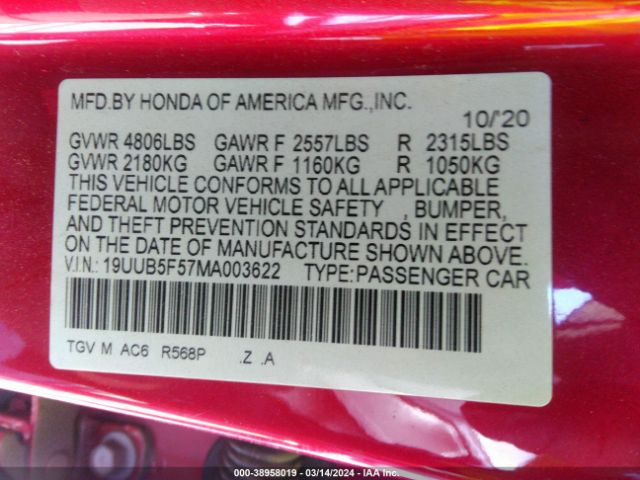 19UUB5F57MA003622 Acura Tlx A-spec Package