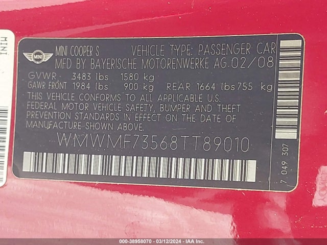 2008 MINI COOPER S WMWMF73568TT89010 Photo 8