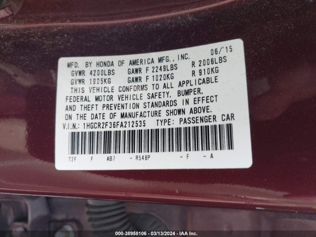 Honda ACCORD LX 2015 1HGCR2F36FA212535 Image 9