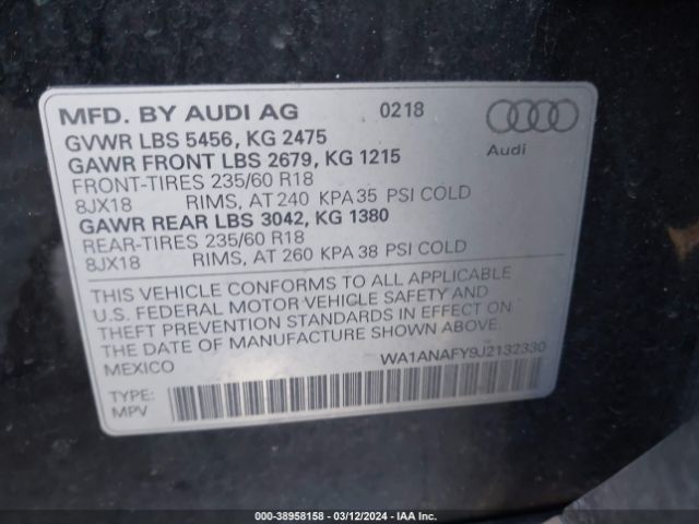 WA1ANAFY9J2132330 Audi Q5 2.0t Premium/2.0t Tech Premium