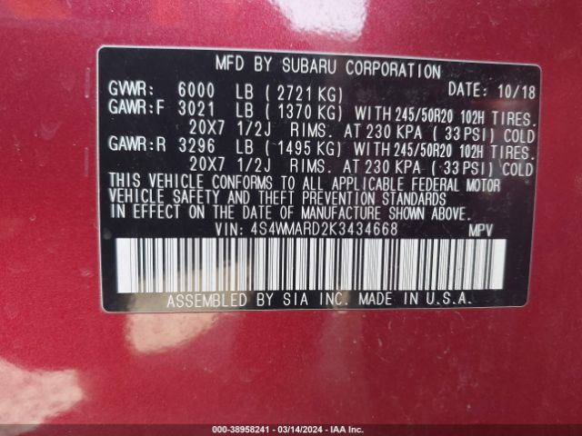 4S4WMARD2K3434668 Subaru Ascent Touring