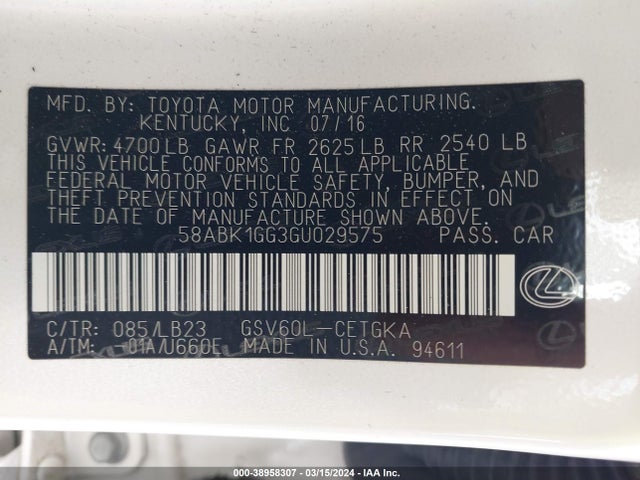58ABK1GG3GU029575 Lexus ES 350