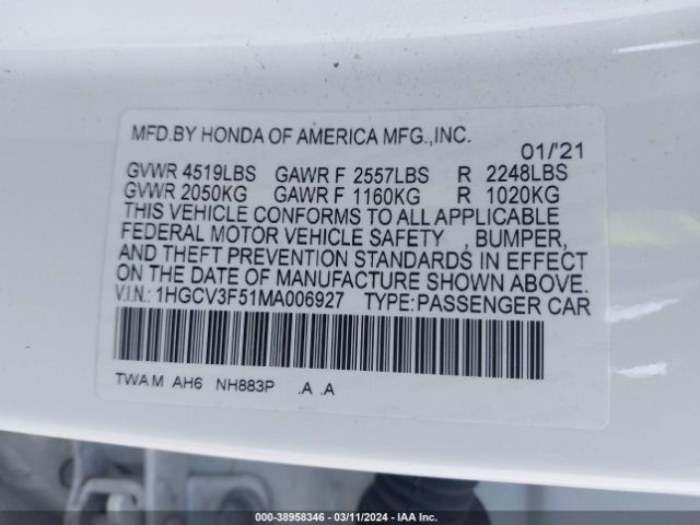 1HGCV3F51MA006927 Honda Accord Hybrid Ex-l