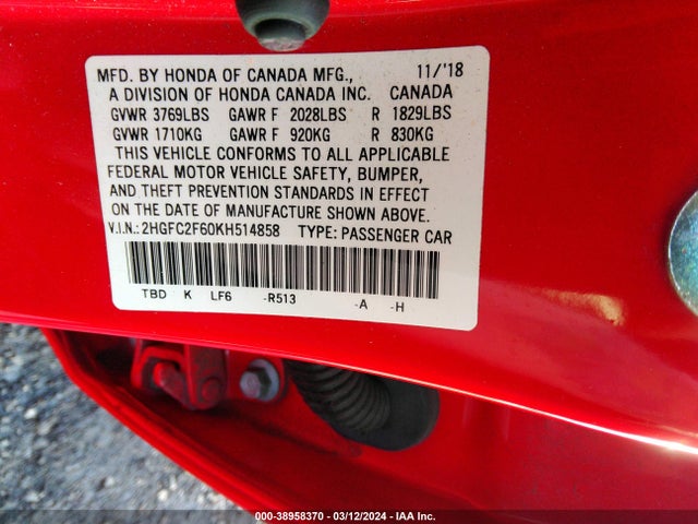 Honda Civic Lx 2019 2HGFC2F60KH514858 Image 9