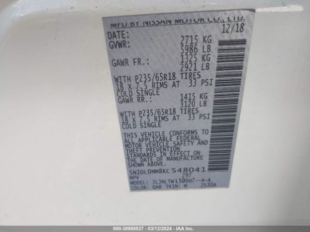 5N1DL0MM8KC548041 Infiniti QX60 LUXE