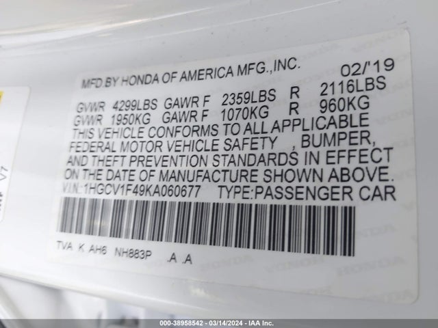 Honda ACCORD EX 2019 1HGCV1F49KA060677 Image 9