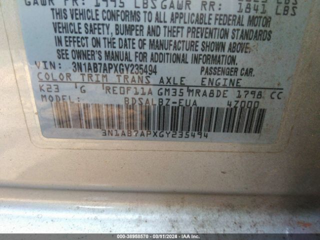 3N1AB7APXGY235494 Nissan Sentra Fe+ S/s/sl/sr/sv